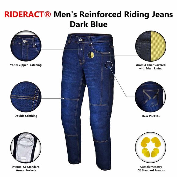 RIDERACT® Men Dark Blue Pant With CE Armors Casual Biker Denim Jeans NEW - Picture 6 of 8